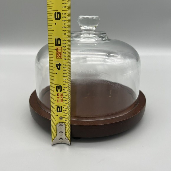 VTG Good Wood Covered Cheese Dish Plate Genuine Teak Wood Glass Dome 7.25" EUC - Picture 8 of 8